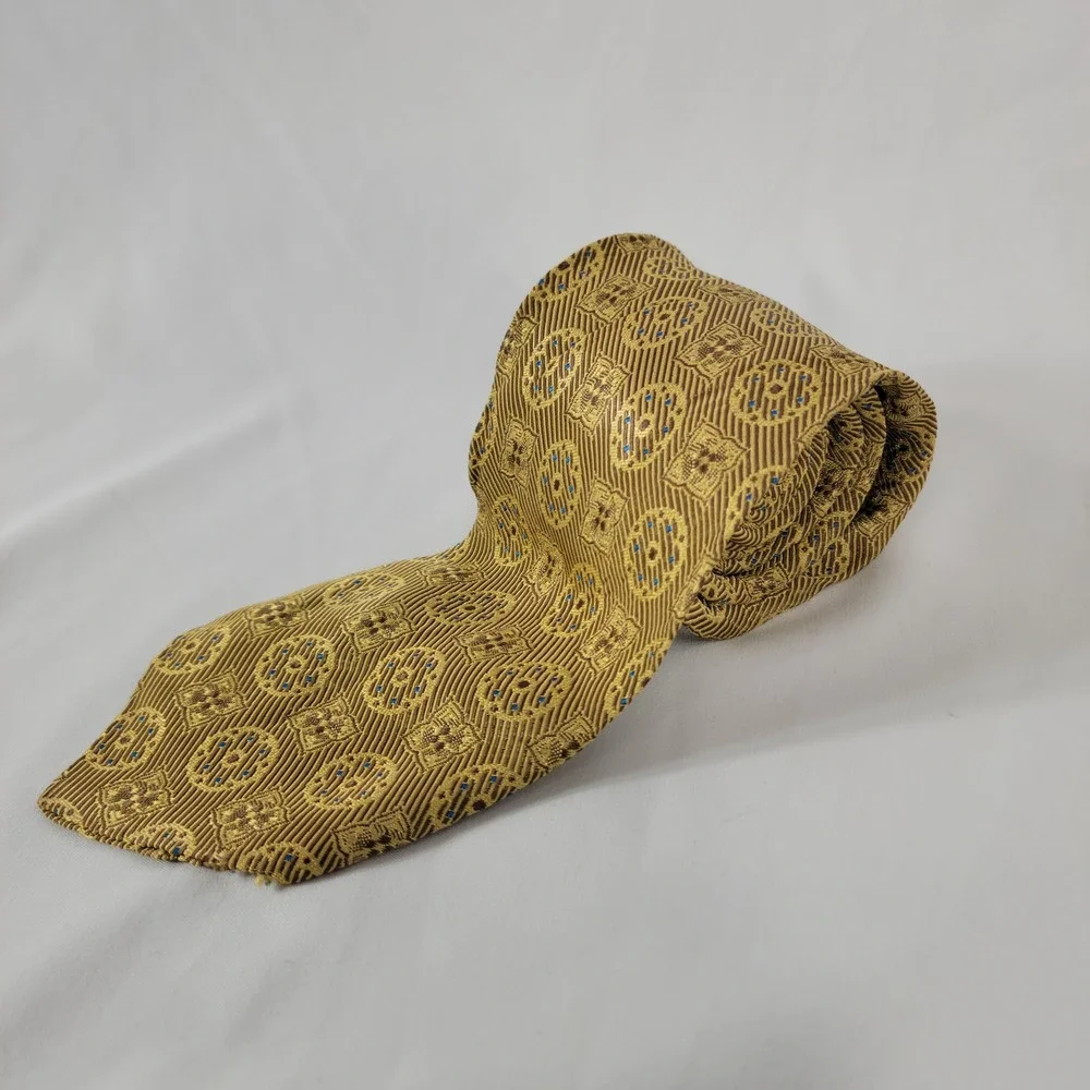 Vintage Regal Necktie Gold Blue Geometric Medallion Woven Formal Hoco Dapper